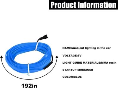 EL Wire Interior Car LED Strip Lights, USB Car Neon Light Strip with Sewing Edge, 16FT Neon Light 5V with Fuse Protection, Electroluminescent Car Indoor Decorations (Blue) - Image 2