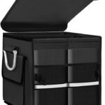 Trunk Organizer With Lid, Collapsible Waterproof Oxford Car Organizer with Aluminum Handle Base Plate, 2-Compartment 28L Sturdy Trunk Cargo Storage Organizer for RV SUV Truck (Black)