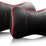 Car Leather Neck Pillows, Neck Rest Cushions,100% Memory Foam Cervical Support, Comfortable Travel car Seats and Home Office Soft Pillows, Red a Set (2 pcs)
