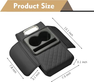 Car Armrest Cushion, Leather Waterproof Center Console Cover, 5-in-1 Arm Rest Cover with Storage Box, Cup Holder, Tissue Box, Phone Slot, Universal for Most Cars (Black) - Image 2