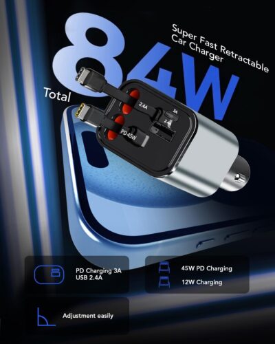 84W Upgraded Retractable Car Charger Adapter for iPhone 17,4 in 1 Fast Charging Car Phone Charger,USB C Car Truck Accessories,Road Trip Essentials Gift for Men for iPhone 17/16/15,Galaxy S26,Pixel 10 - Image 4