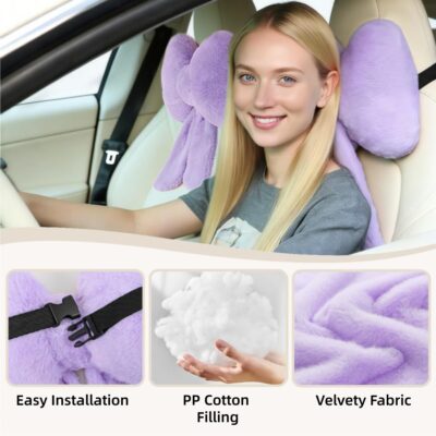 Sexysamba 2 Pcs Plush Bow Car Headrest Neck Pillow Cute Bow Pillow for Car Seat Décor Soft Neck Support for Comfortable Driving Traveling Office Fluffy Head Rest Cushion, Purple - Image 4