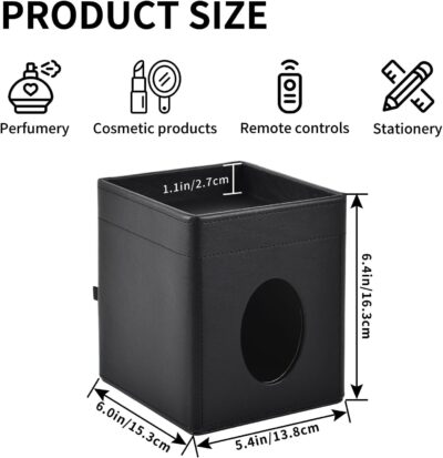 Tissue Box Cover Square Tissue Box Holder PU Leather Facial Tissues Organizer with Storage Tray for Bathroom Vanity Bedroom Office Car, Stylish Napkin Caddy Decorative Organizer (Black) - Image 5