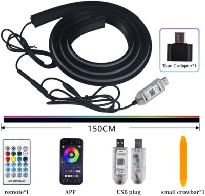 Car Dashboard LED Interior Strip Light,55''USB Powered Acrylic Neon Flexible Strip Fiber Optic LED Ambent Lighting Kits with Remote APP and Type-C Adapter(1 in 1) - Image 4