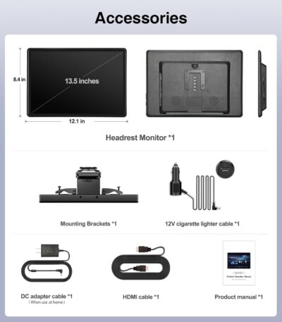 13.5" Android 13 Car Headrest Monitor-4K Video Player for Back Seat, 4G+64G, Wireless Phone Mirroring Airplay, HDMI in/Out Sync, Bluetooth FM WiFi, Rear Seat Entertainment System (1-Pack) - Image 9