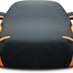 Riakrum Full Car Cover Waterproof All Weather for Automobiles Windproof Cover Rain UV Protection Sun Scratch Resistant Outdoor Universal(Fit Sedan Length (185-193'') 70'' H,Black, Orange)