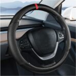 Carbon Fiber Car Steering Wheel Cover, Leather Breathable Automotive Wheel Protector, 15 Inch Anti-Slip Vehicle Interior Steering Accessories, Universal for SUV Truck Sedan (Black)