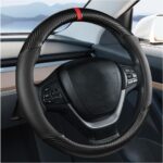 Carbon Fiber Car Steering Wheel Cover, Leather Breathable Automotive Wheel Protector, 15 Inch Anti-Slip Vehicle Interior Steering Accessories, Universal for SUV Truck Sedan (Black)