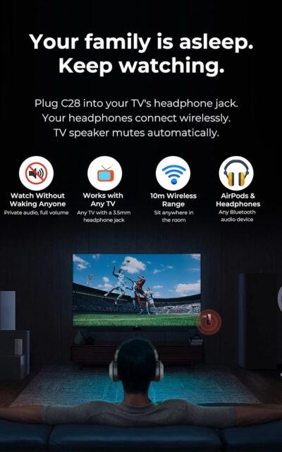 C28 Bluetooth 5.0 Transmitter Receiver, 2-in-1 Wireless 3.5mm Aux Adapter for Old Car Stereo, TV, Record Player, Headphones & Speakers – Plug & Play, No App Needed - Image 3