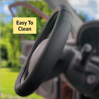 Steering Wheel Cover, Black, Real Genuine Leather, 15 inch, for Men and Women, Universal, Stretch On, Heat Resistant, Stays Cool, Non-Slip, HANWOLF - Image 4