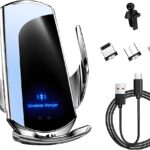 Wireless Car Charger, 15W Fast Charging Air Vent Mount Auto-Clamping Phone Holder, Automotive Electric Induction Charger 360° Rotating Magnetic Vent Mount Bracket for Smartphones (Silver)