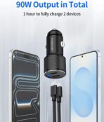 Dual 45W USB C Car Charger, 90W Max Super Fast Charging, All Metal 12V Cigarette Lighter Adapter for iPhone 17 Pro Max/16/15/iPad, Samsung Galaxy S26/S25, Google Phones with 2 Type C Cable 3.3ft Black - Image 3