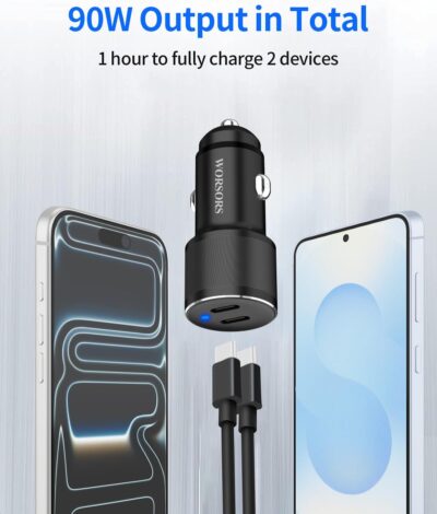 Dual 45W USB C Car Charger, 90W Max Super Fast Charging, All Metal 12V Cigarette Lighter Adapter for iPhone 17 Pro Max/16/15/iPad, Samsung Galaxy S26/S25, Google Phones with 2 Type C Cable 3.3ft Black - Image 3