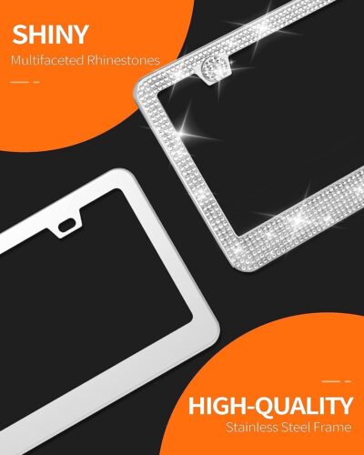 HOTOR License Plate Frame - Lastingly Bling and Sparkly License Plate Frame for Women, Stainless Steel & Obstruction-Free Frame with Multifaceted Rhinestones,White, 1 Pack - Image 3