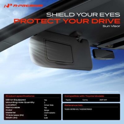 A-Premium Driver Left Side Sun Visor Compatible with Toyota Camry 2007 2008 2009 2010 2011 - with Vanity Mirror, Without Vanity Light, Beige Color - Replaces 74320-06780-E0, 7432006780E0 - Image 2