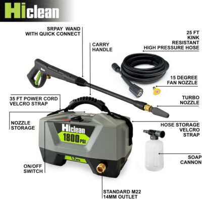 Electric Pressure Washer 1800 PSI - Portable Power Washer for Car Detailing, Patios, Fences and Outdoor Cleaning, Compact Design with Foam Cannon, Turbo and Fan Nozzles, ETL Certified - Image 3