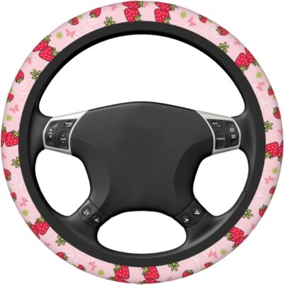 Pink Strawberry Steering Wheel Cover for Women, Universal Auto Steering Wheel 14-15 Inch Car Interior Accessories with 2PCS Car Coasters, Suitable for Men and Women - Image 7