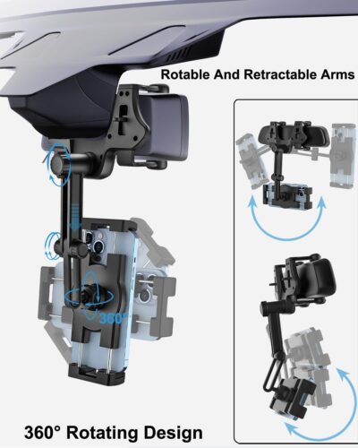 Rear View Mirror Car Phone Holder Clip - [Four Claws Anti-Shake] Cell Phone Mount for Car Rearview Mirror with 360° Rotatable & Retractable for iPhone Air 17 Pro Max 16 15 14 13 12, 4-7" Smartphones - Image 4