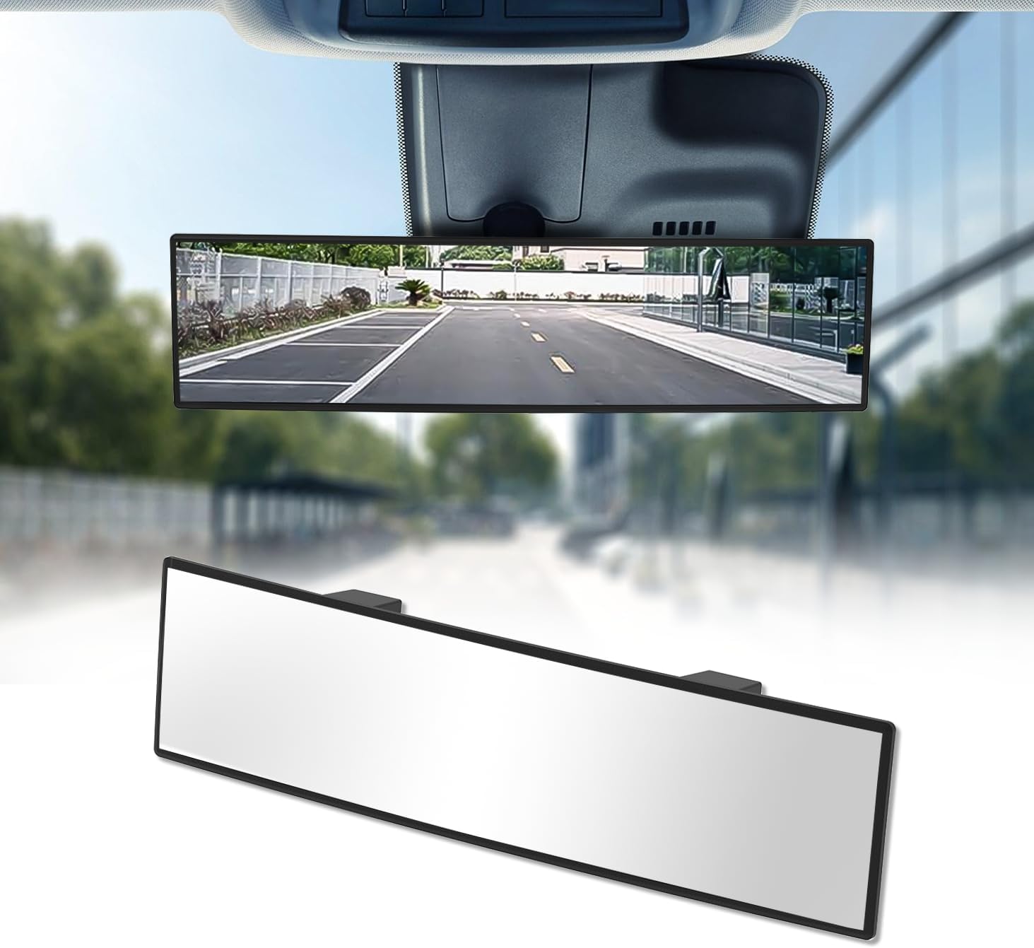 615quHrCOrL._AC_SL1500_.jpg Rear View Mirror, Chrome Anti-glare Panoramic Rear Mirrors Universal 12 Inch Convex Car Interior Clip on Extra Big Wide Angle Rearview Mirror Extender to Reduce Blind Spot for Car SUV Trucks - Image 1