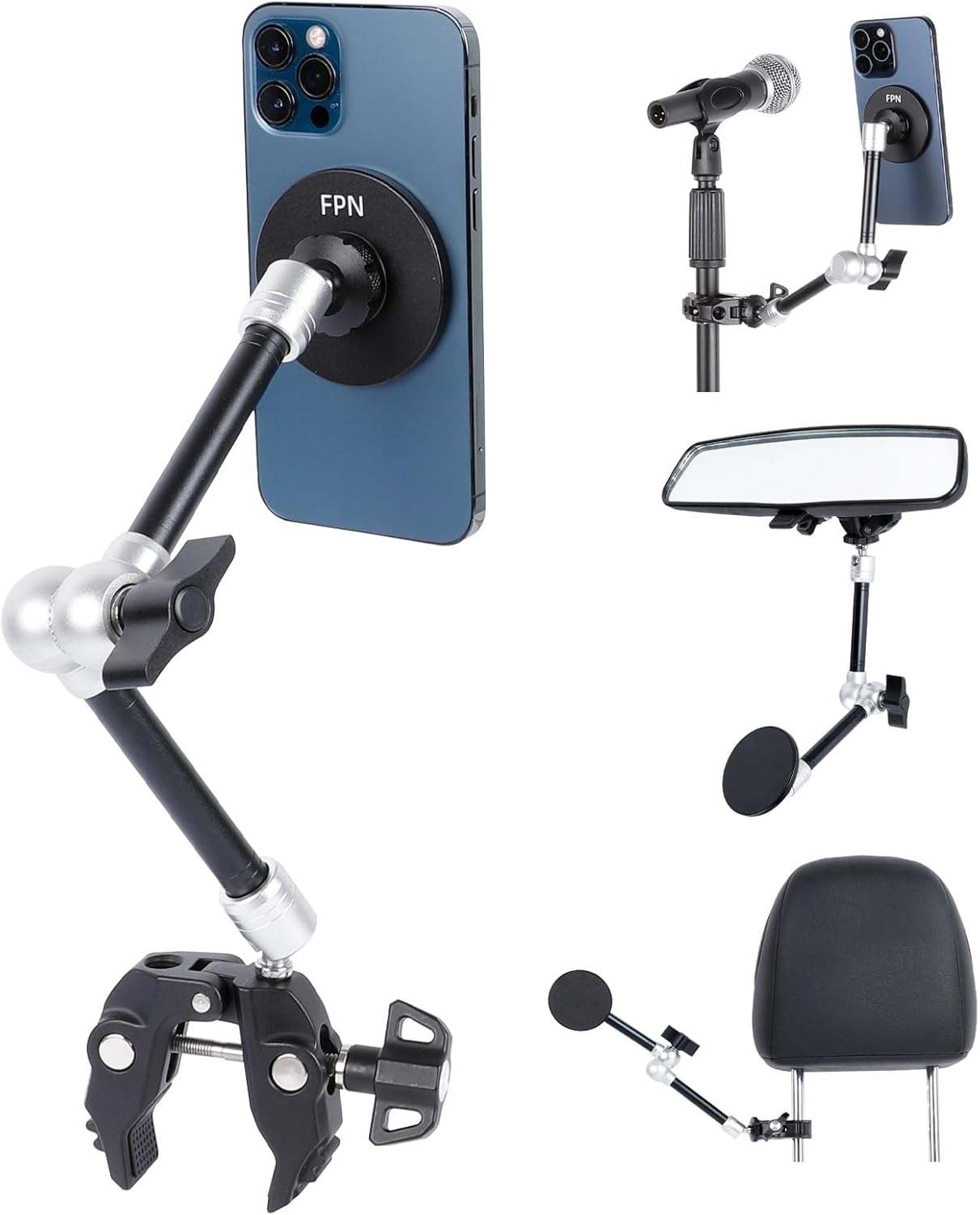 615qzHJtjQL._AC_SL1500_.jpg All-Metal Magnetic Phone Holder with Super Clamp&10″ Long Arm for Magsafe, Adjustable Rear View Mirror Phone Holder Mount for Car/Truck/Handlebar, Compatible with iPhone 16 15 14 13 12 Series - Image 1