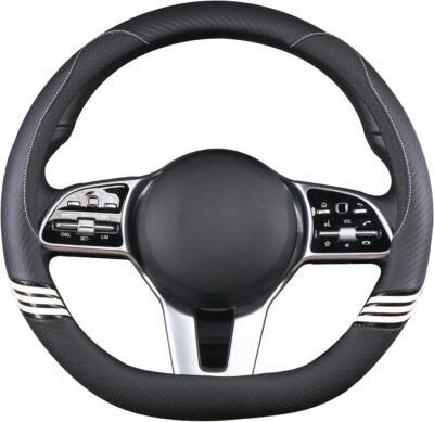 14 inch Cute D Shaped Steering Wheel Cover for Women Men Faux Leather and Carbon Fiber,Black - Image 4