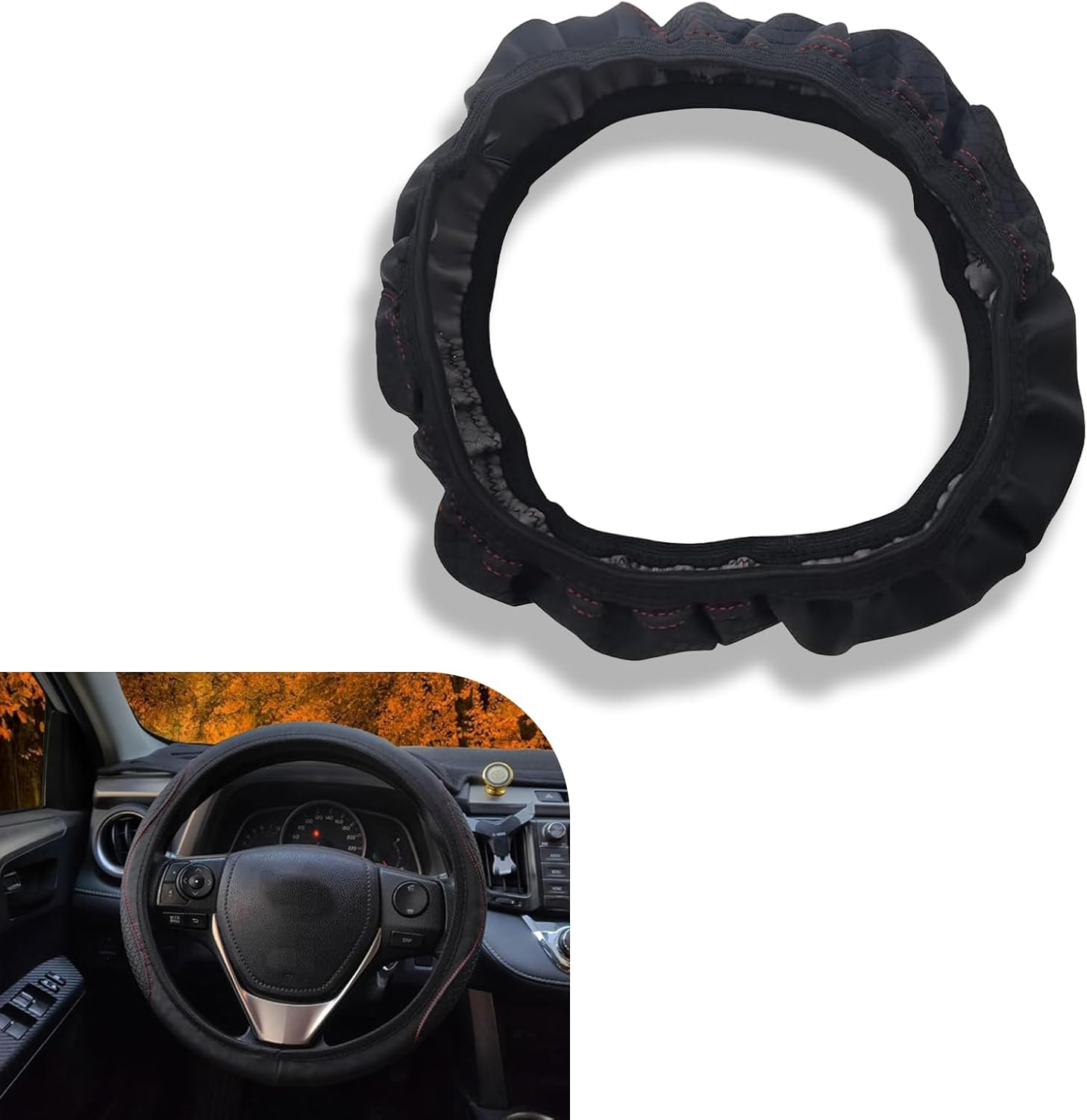 6164CV7BdCL._AC_SL1500_.jpg Car Steering Wheel Cover, Microfiber Leather Steering Wheel Cover,Anti-Slip Breathable Steering Wheel Protector,15 inch Universal for SUV, Truck, Van (Black&Red) - Image 1