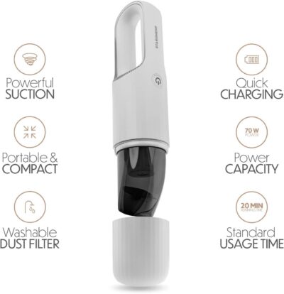 STARUMENT Portable Hand Vacuum Cleaner Handheld Cordless Cleaner for Dust Pet Hair Dirt, Home, Car Interior, Lightweight, Easy to Use, Compact Design Battery Rechargeable with USB-C Cable White - Image 3