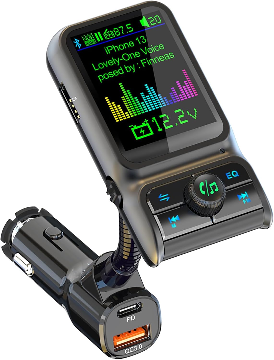 6168DJEkQ2L._AC_SL1500_.jpg Wireless in-Car Bluetooth FM Transmitter Radio Adapter Car Kit, 1.8 Inch Display Supports TF/SD Card EQ and QC3.0 & 5V/2.4A Charging Hands-Free Calls - Image 1