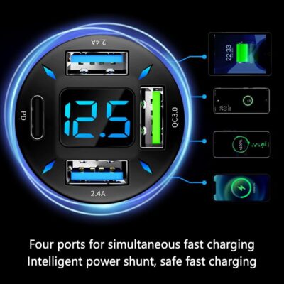 Car Charger 66W Super Fast Charging with USB PD&QC 3.0(Voltmeter&LED Lights) Universal Quick Charge for 12-24V Car Cigarette Lighter Plug,Compatible with iPhone 14 13 12,S22 S21 S20,iPad(Black) - Image 4