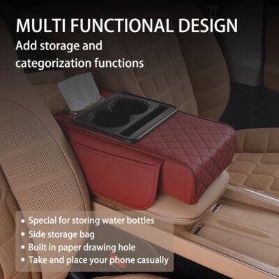 HZEL Car Center Console Cover, Leather Vehicle Armrest Cushion with Storage Bags, Cup Holder ＆ Tissue Box, Waterproof Auto Interior Arm Rest Seat Box Pad, Universal Fit (Wine Red) - Image 3
