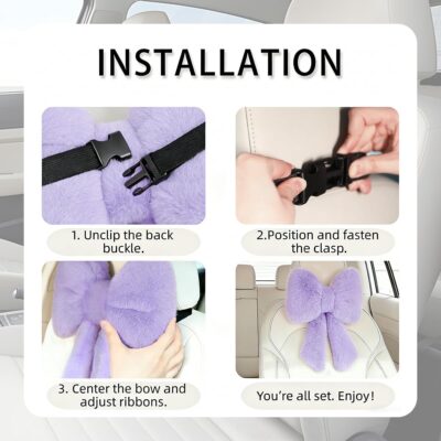 Sexysamba 2 Pcs Plush Bow Car Headrest Neck Pillow Cute Bow Pillow for Car Seat Décor Soft Neck Support for Comfortable Driving Traveling Office Fluffy Head Rest Cushion, Purple - Image 3