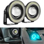 2PCS Car Angel Eye Fog Light, Round COB LED Lamp High Power Bright with White Halo Angel Eye Rings Headlight, Universal Daytime Running Light DRL Car Driving Bulbs Projector (Light Blue)