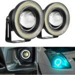 2PCS Car Angel Eye Fog Light, Round COB LED Lamp High Power Bright with White Halo Angel Eye Rings Headlight, Universal Daytime Running Light DRL Car Driving Bulbs Projector (Light Blue)