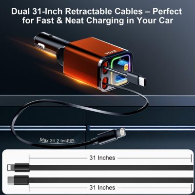 4 in 1 Retractable Car Charger with Starry Light,69W Cigarette Lighter Charger,USB C Fast Car Charger for iPhone 17 Pro Max 16 15 14 13 12 11 (for Apple+Type C &RGB Breathing Light [Orange]) - Image 5
