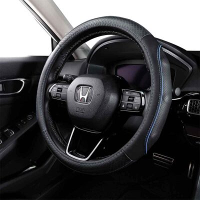 EKR Universal 15 inch Leather Steering Wheel Cover - Genuine Leather, Breathable, Anti Slip & Odor Free (Black with Blue Lines, M(14" 1/2-15" 1/4)) - Image 3