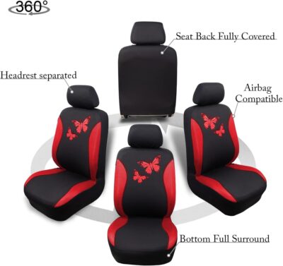 Flying Banner Butterfly car seat Covers ful Set Fashion Universal Lady Woman Female Rear Bench Split Colorized (Full Set, Red) - Image 9