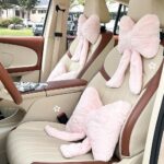 LYFJMUS 4 Pack Plush Bow Car Headrest Pillow and Lumbar Support Pillow Soft Butterfly Car Neck Pillows for Driving Cars Decor (Pink)