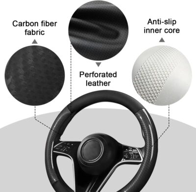 Carbon Fiber Car Steering Wheel Cover, 15 Inch Leather Breathable Anti-Slip Vehicle Steering Wheel Protector, Automotive Interior Accessories, Universal for SUV Sedan Truck (Black) - Image 4