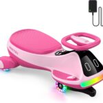 Umatoll 12V Electric Wiggle Car for Kids with Pedal, Display, Rechargeable Battery, LED Light, Bluetooth, Light-Up Wheels, Anti-Rollover, 2 Speeds, Ride on Toys, Birthday Gifts for Age 3+, 150Lbs