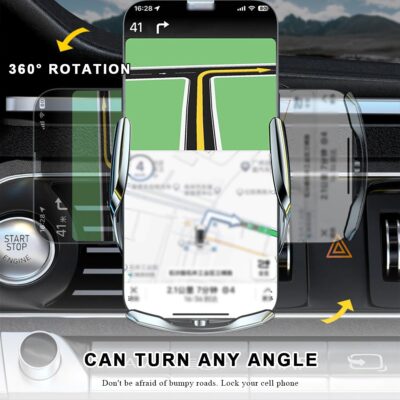 Wireless Car Charger, 15W Fast Charging Air Vent Mount Auto-Clamping Phone Holder, Automotive Electric Induction Charger 360° Rotating Magnetic Vent Mount Bracket for Smartphones (Silver) - Image 6