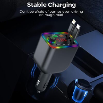 Vitog Retractable Car Charger, Wireless Bluetooth 5.3 FM Transmitter 100W USB C 4 in 1 Fast Car Charger Adapter,iPhone 16 Fast Charging-for iPhone 16 15 14 13 12 Android - Image 3