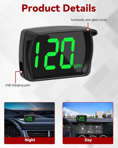 Universal GPS Speedometer HUD Display for Car, Real-Time MPH Digital Speed, MPH Warning Car GPS Overspeed Alarm Speedometer with LED Large Font Display+USB Cable Plug for Truck Motor SUV All Vehicles - Image 3
