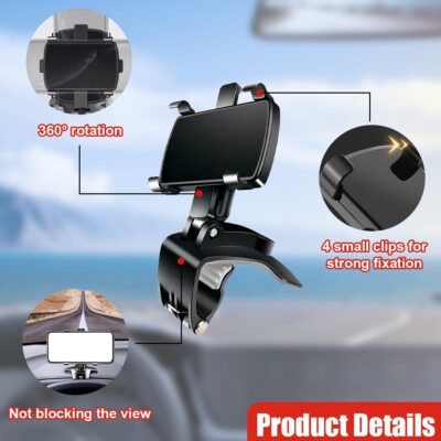 Car Phone Mount, 360° Rotatable ABS Auto Rearview Mirror Cellphone Bracket Clip with Non-Slip Base, Multifunctional Vehicle Interior Dash Phone Holder for 3 to 7 Inch Smartphones - Image 3
