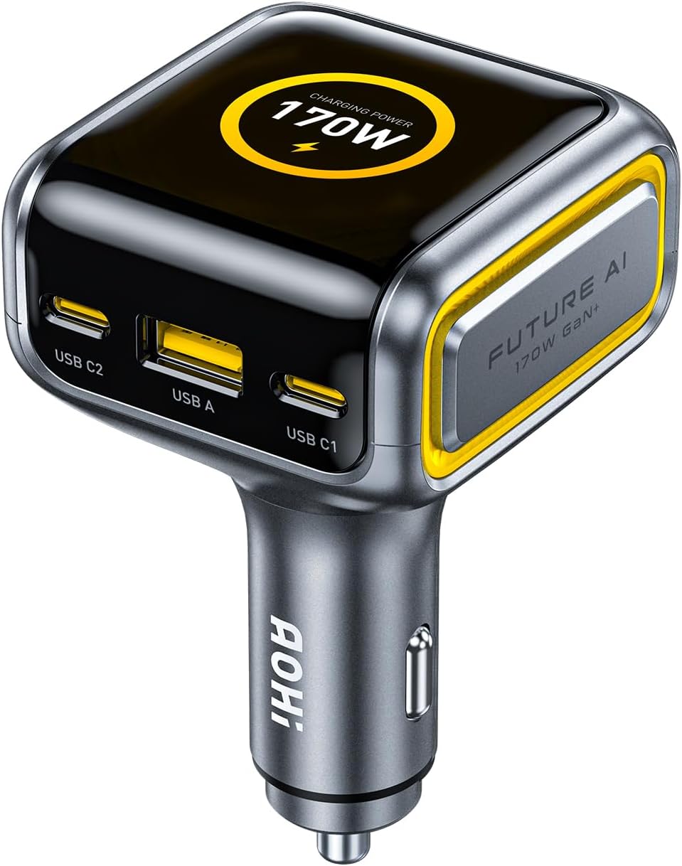 61AONjJ54L._AC_SL1500_.jpg AOHI SUPERAUTO 170W Car Charger with TFT Smart Display, 140W PD 3.1 USB C Fast Charging Car Adapter, Compatible with MacBook Pro, Laptops, iPhone 17 Pro Max, Galaxy S25 Ultra - Image 1