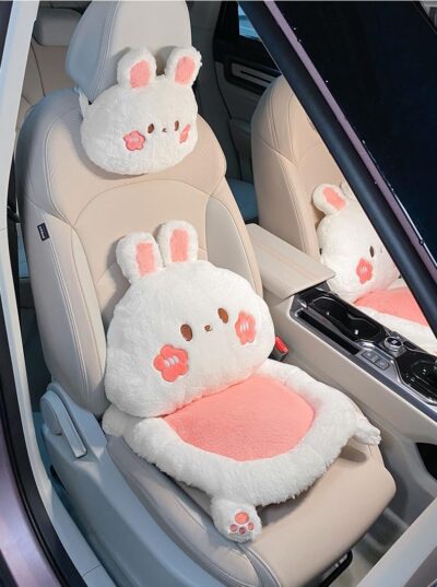 3Pcs Cartoon Car Seat Cushion Lumbar Support Pillow and Neck Pillow, Cute Car Seat Pillow Headrest Pillow Back Support for Driving Fatigue Relief,for Office Chair Truck SUV (Rabbit Sets) - Image 2