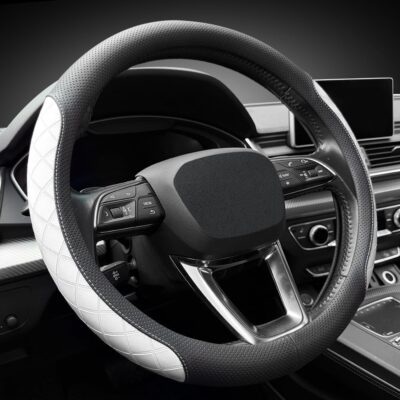 LKWLIKEI Nappa Leather Steering Wheel Cover, Elegant Diamond Checkered Design, Non-Slip wear-Resistant, Enhance Driving Comfort, Suitable for Steering Wheel Diameter 14 1/2‘-15’ Models.Black White - Image 2