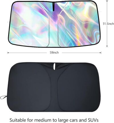 Windshield Sun Shade, car Front Windshield Sunshade with Mirror V-Cut, Foldable Front Car Sun Shield, Automotive Interior Sun Protection Fits Passenger Car, Sedans, SUV (Dazzling Laser) - Image 3