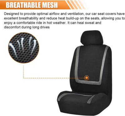 Car Seat Covers, Breathable Comfortable Automotive Seat Protectors, Anti-Slip 2 Front Seats Covers Airbags Compatible, Universal Washable Vehicle Accessories for Car, Truck, SUV (Black/Grey) - Image 4