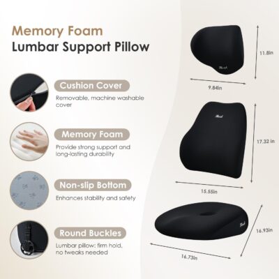 FLORICH Car Seat Cushion & Lumbar Support Pillow & Car Neck Pillow, Ergonomic Memory Foam Driving Seat Cushion for Back & Sciatica Pain Relief, Non-Slip Washable Cushion for Car, Driver, Office-Black - Image 3