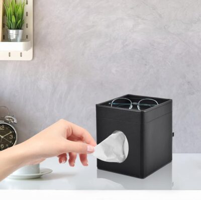 Tissue Box Cover Square Tissue Box Holder PU Leather Facial Tissues Organizer with Storage Tray for Bathroom Vanity Bedroom Office Car, Stylish Napkin Caddy Decorative Organizer (Black) - Image 4